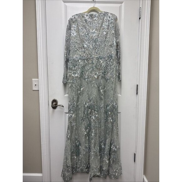 Mac Duggal Size 18 Green Embellished 67539 V-Neck Long Sleeve Formal Gown dress - Picture 7 of 13